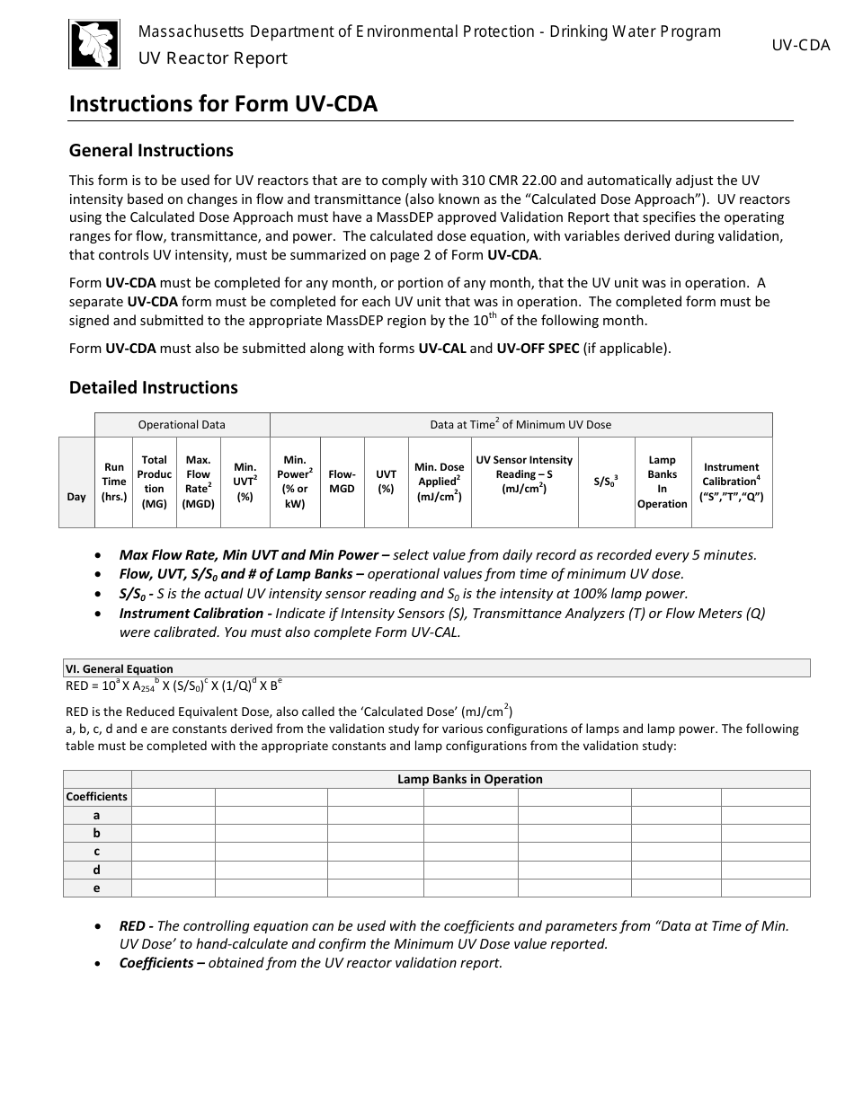 Instructions for Form UV-CDA Uv Reactor Report - Calculated Dose Approach - Massachusetts, Page 1