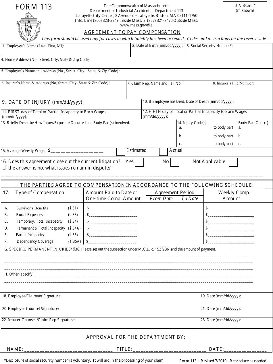 Form 113 Agreement to Pay Compensation - Massachusetts, Page 1