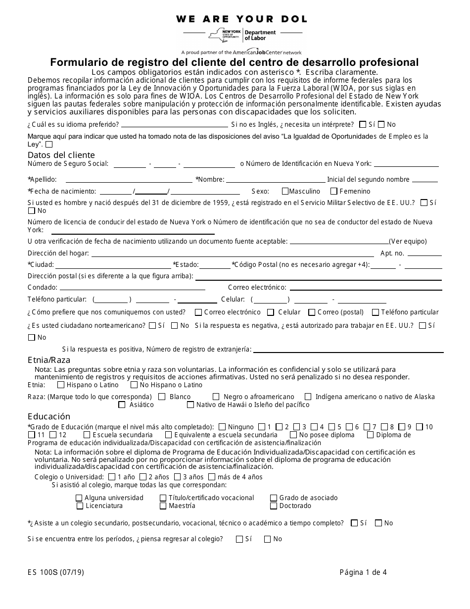 Formulario ES100S Formulario De Registro Del Cliente Del Centro De Desarrollo Profesional - New York (Spanish), Page 1