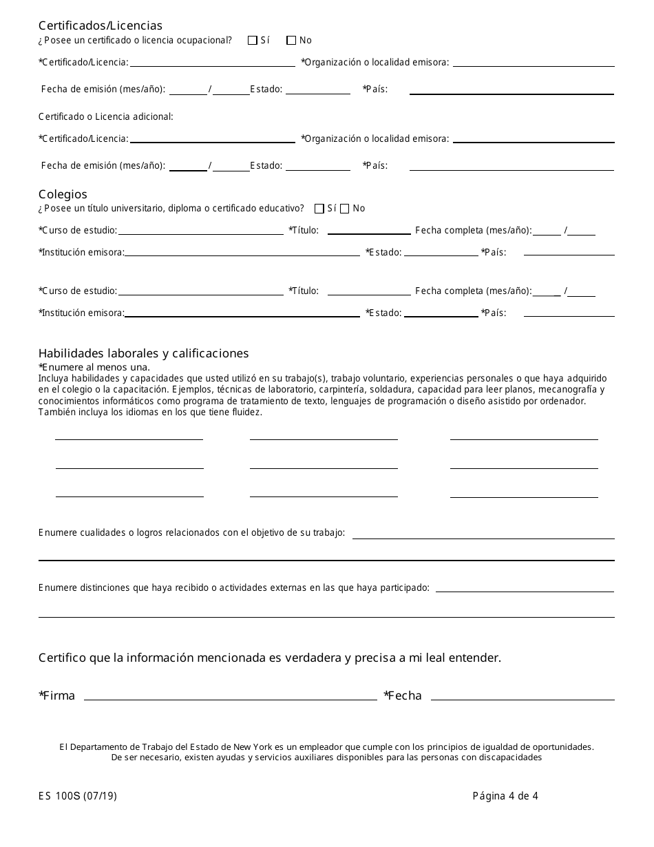 Formulario ES100S Formulario De Registro Del Cliente Del Centro De Desarrollo Profesional - New York (Spanish), Page 4