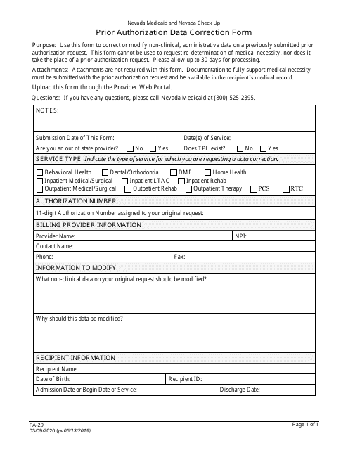 Form FA-29 Prior Authorization Data Correction Form - Nevada