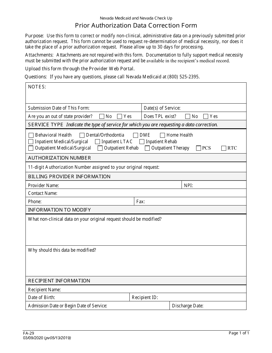 Form FA-29 Prior Authorization Data Correction Form - Nevada, Page 1