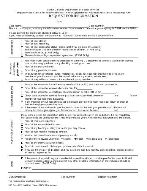 DSS Form 1669 Request for Information - Temporary Assistance for Needy Families (TANF)/Supplemental Nutrition Assistance Program (Snap) - South Carolina