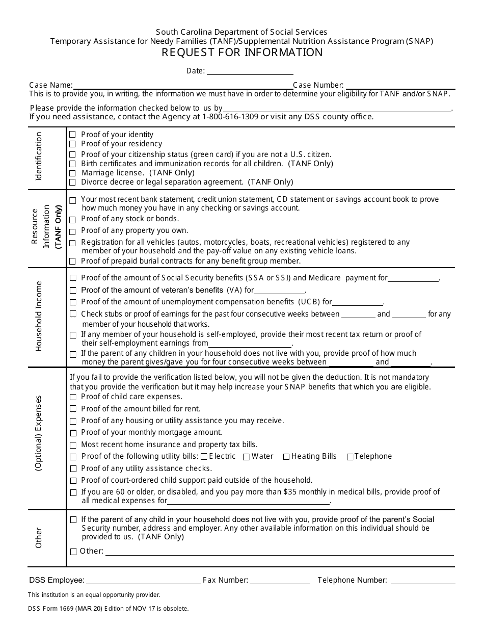 DSS Form 1669 Request for Information - Temporary Assistance for Needy Families (TANF) / Supplemental Nutrition Assistance Program (Snap) - South Carolina, Page 1