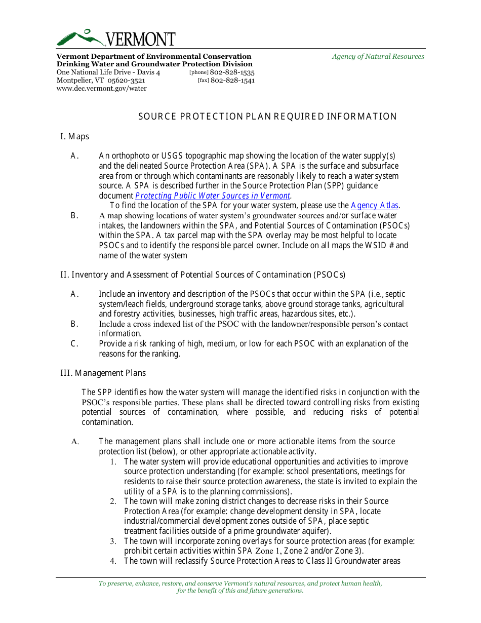 Source Protection Plan Checklist - Vermont, Page 1
