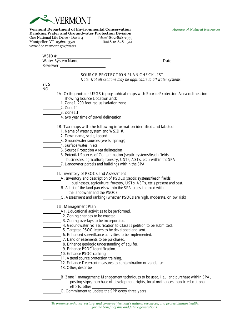 Source Protection Plan Checklist - Vermont, Page 4