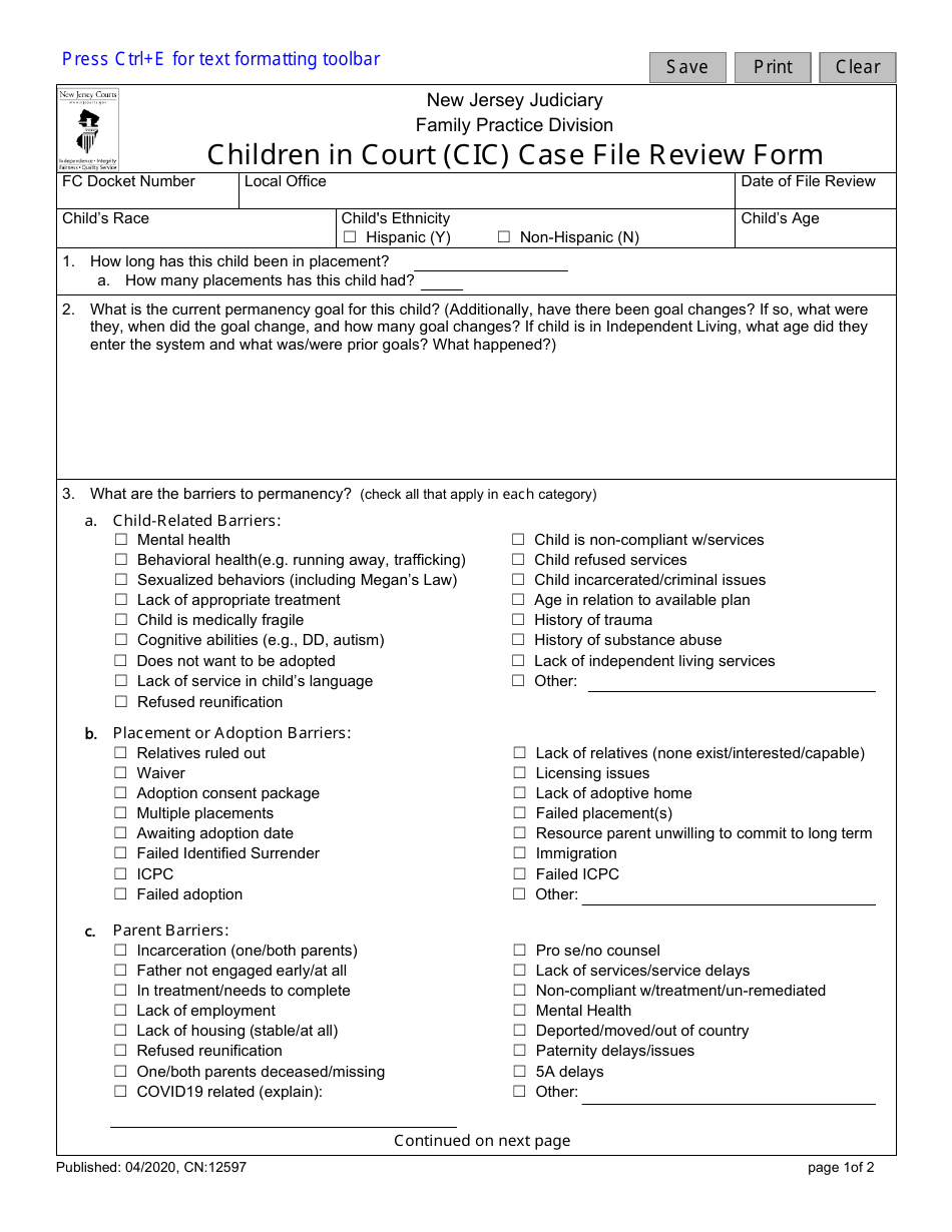 Form 12597 Children in Court (Cic) Case File Review Form - New Jersey, Page 1