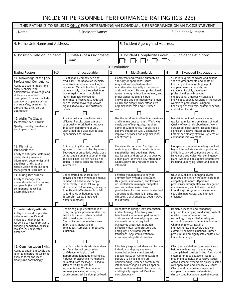 Form ICS225 Incident Personnel Performance Rating, Page 1