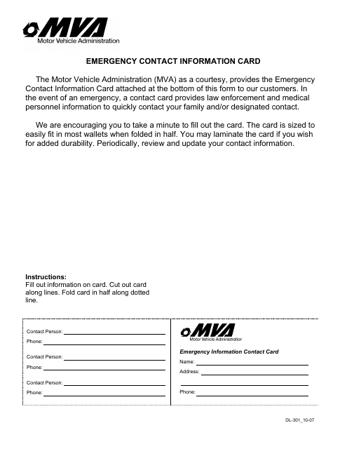 Form DL-301 Emergency Contact Information Card - Maryland