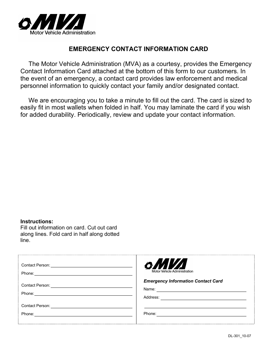 Form DL-301 Emergency Contact Information Card - Maryland, Page 1