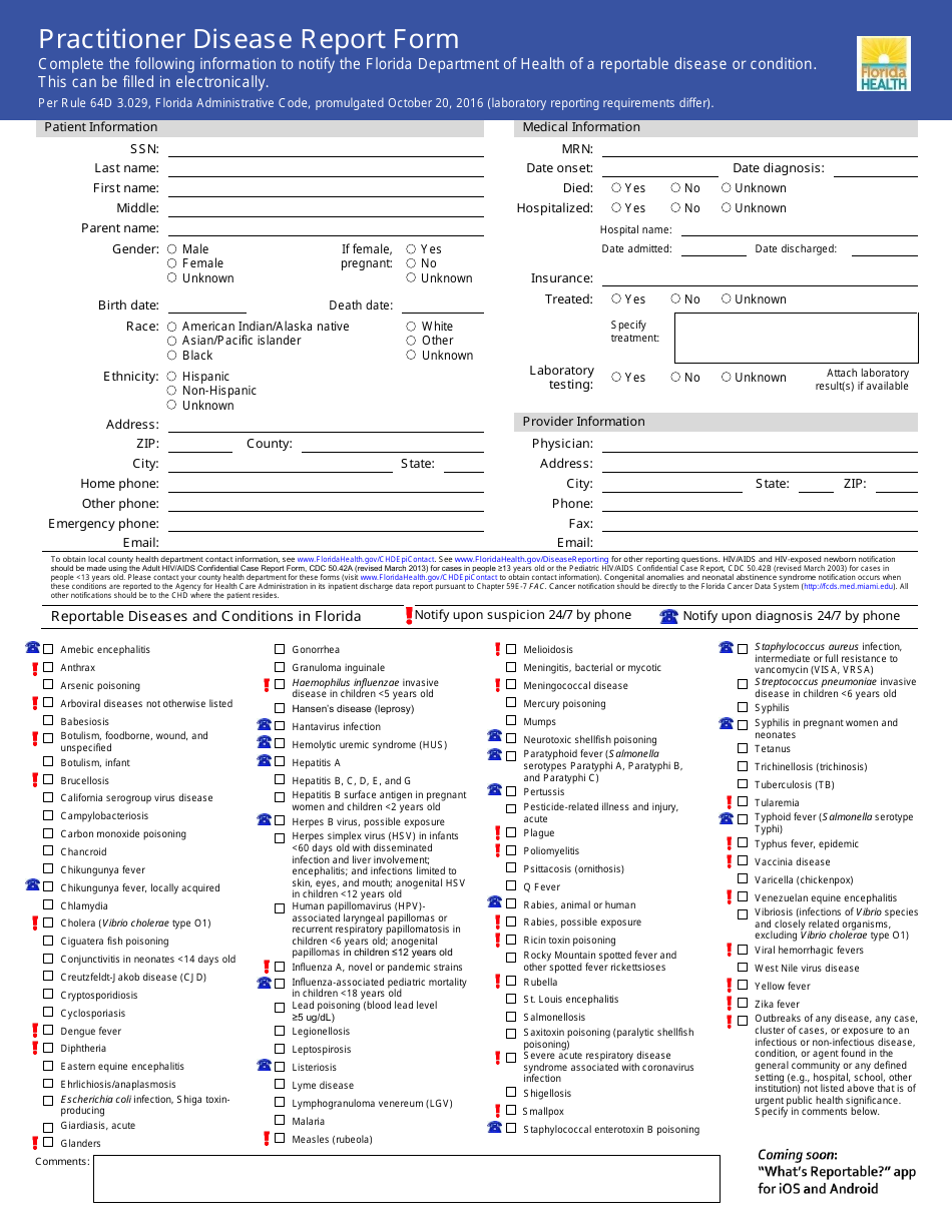 Practitioner Disease Report Form - Florida, Page 1