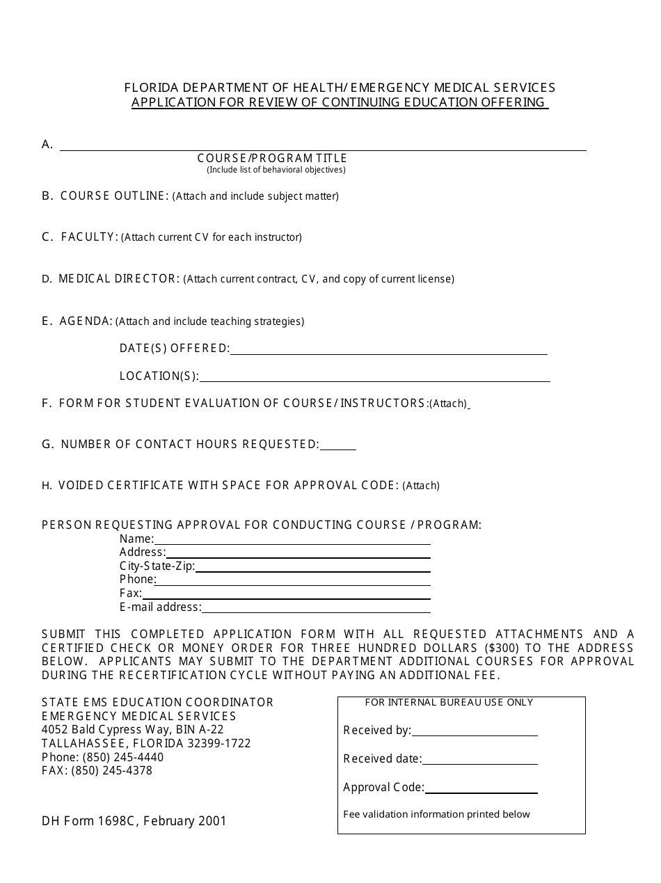 DH Form 1698C Application for Review of Continuing Education Offering - Florida, Page 1