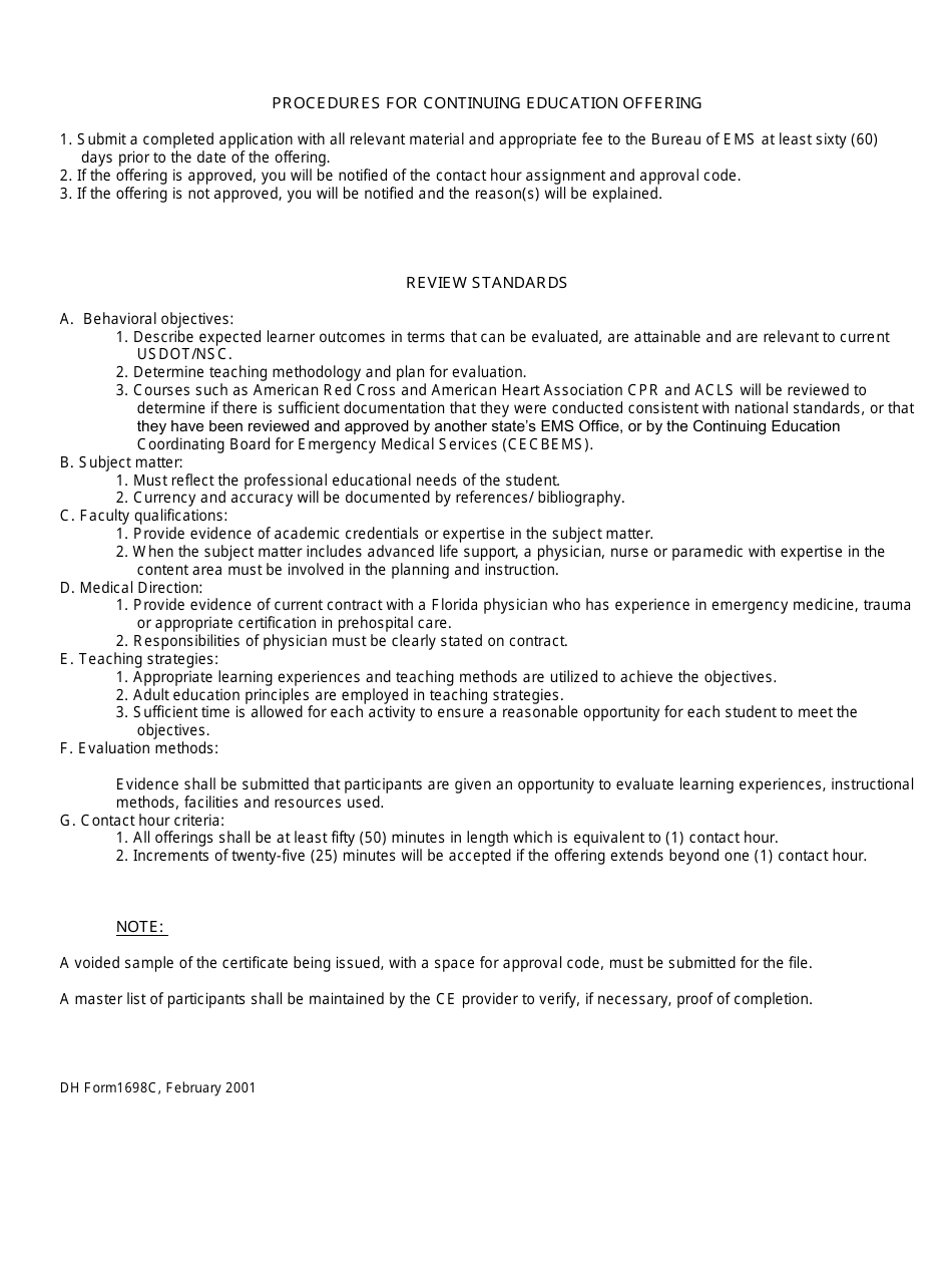 DH Form 1698C Application for Review of Continuing Education Offering - Florida, Page 2