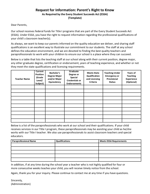 Request for Information: Parent's Right to Know as Required by the Every Student Succeeds Act (Essa) - North Dakota Download Pdf