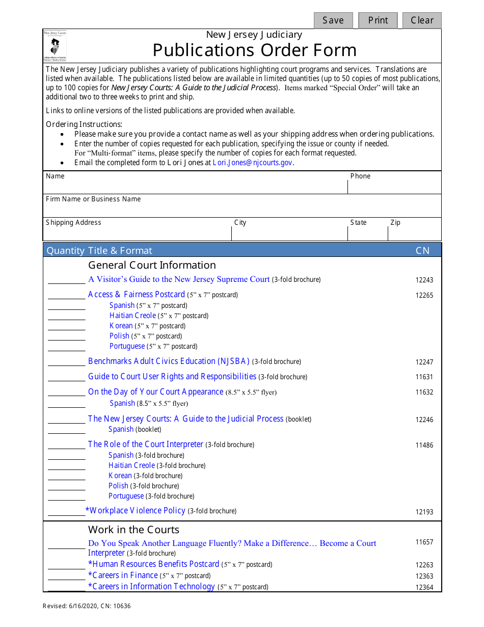 Form 10636 Publications Order Form - New Jersey, Page 1