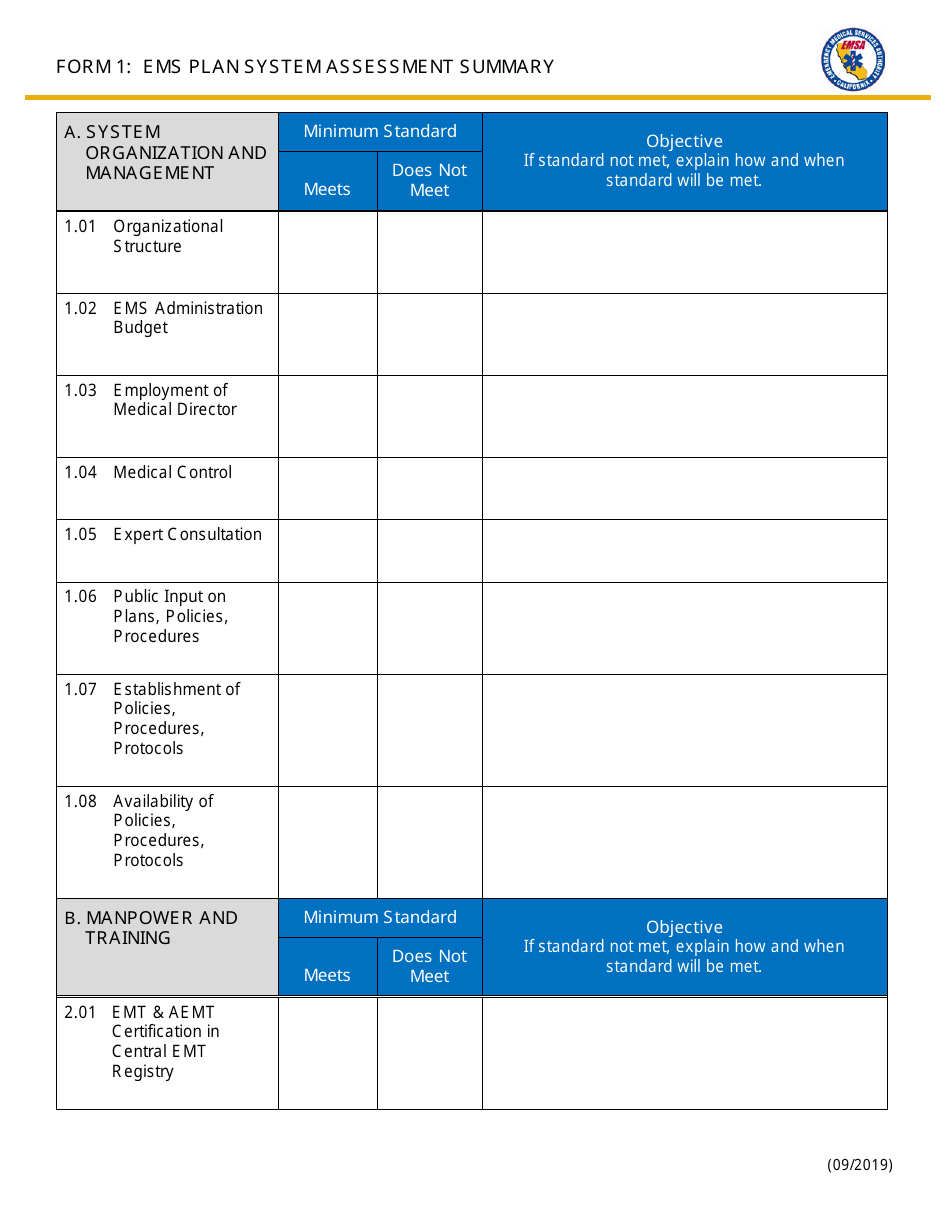Form 1 EMS Plan System Assessment Summary - California, Page 1