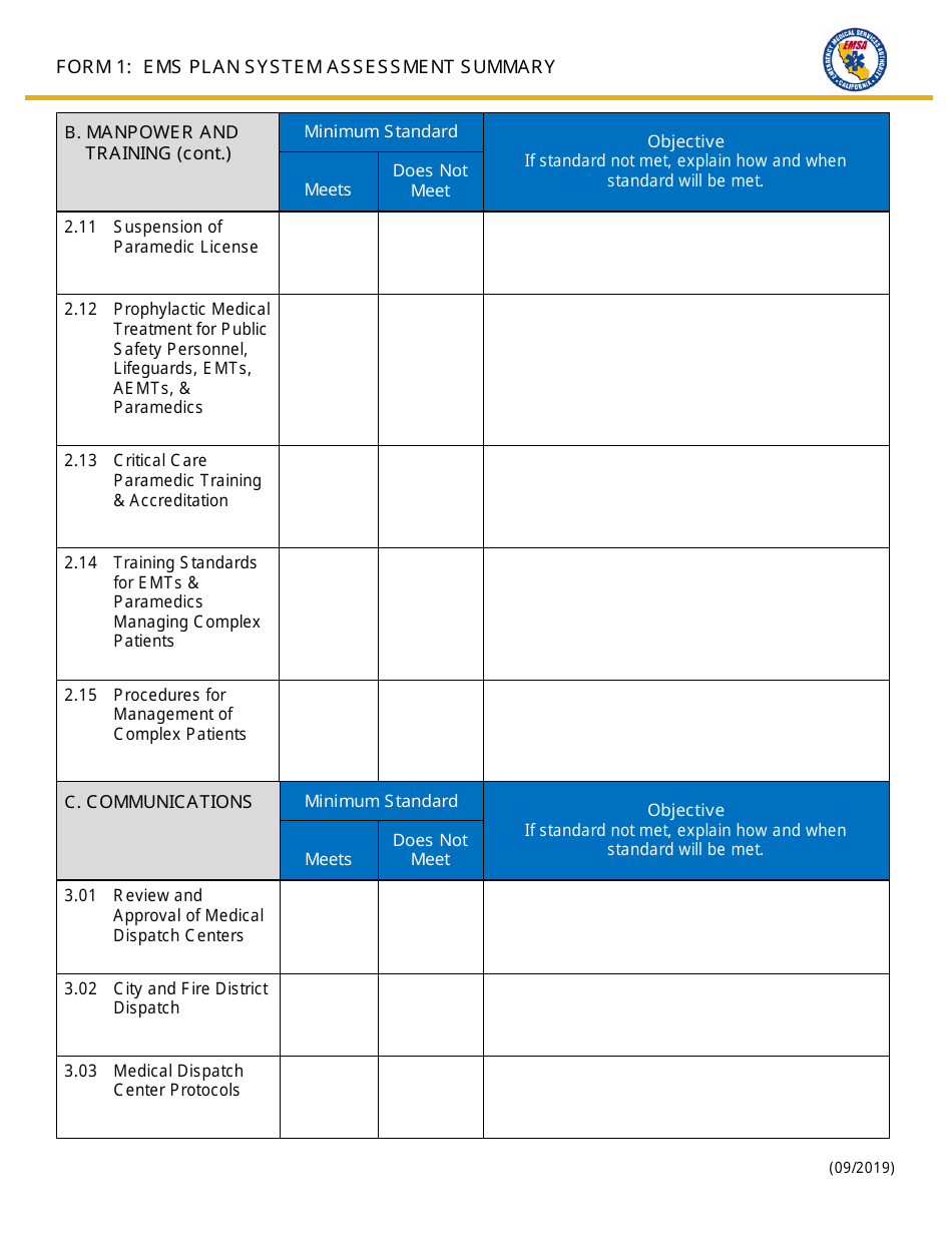 Form 1 EMS Plan System Assessment Summary - California, Page 3
