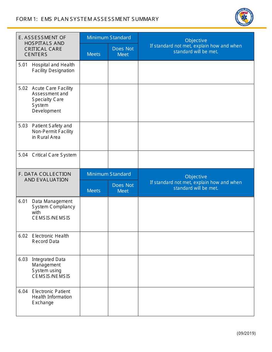 Form 1 EMS Plan System Assessment Summary - California, Page 5
