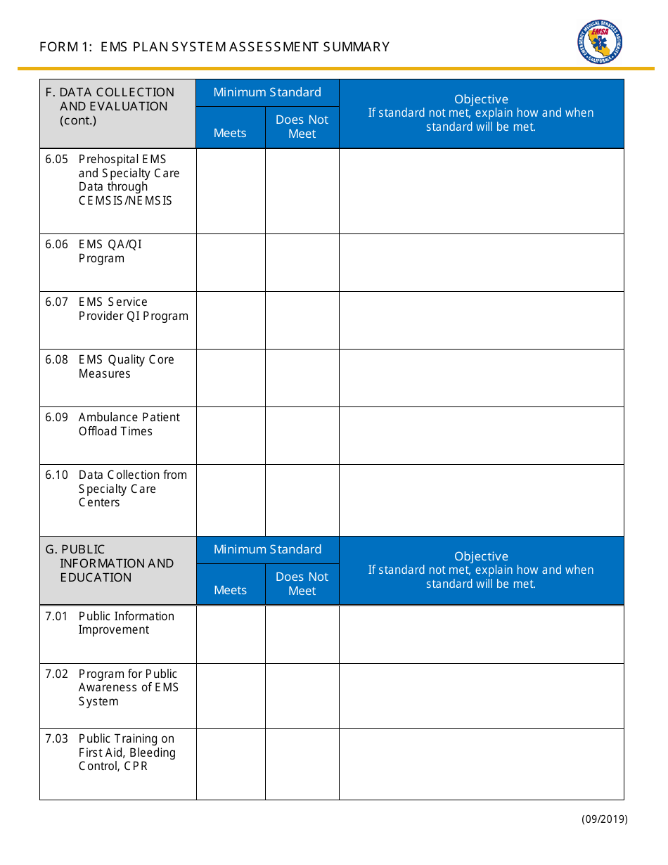 Form 1 EMS Plan System Assessment Summary - California, Page 6