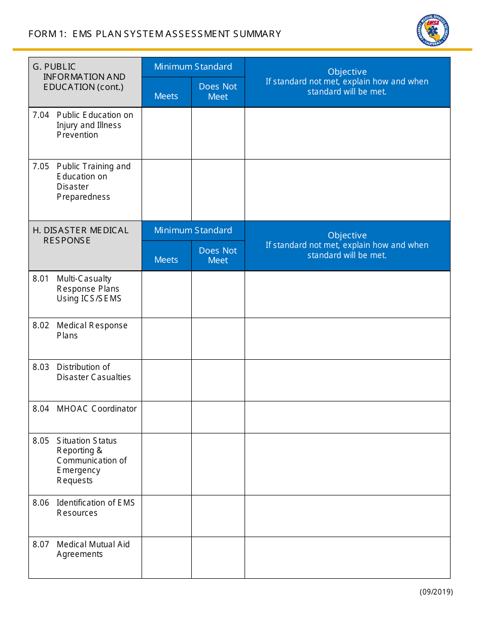 Form 1 EMS Plan System Assessment Summary - California, Page 7