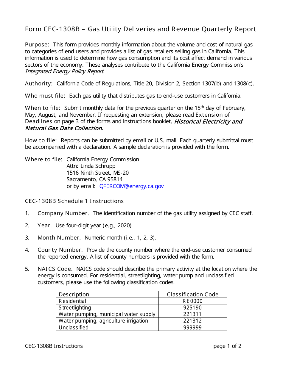 Instructions for Form CEC-1308B Gas Utility Deliveries and Revenue Quarterly Report - California, Page 1