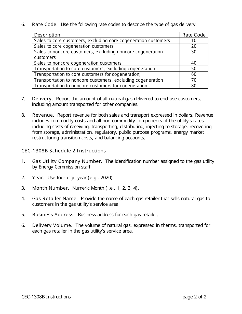 Instructions for Form CEC-1308B Gas Utility Deliveries and Revenue Quarterly Report - California, Page 2