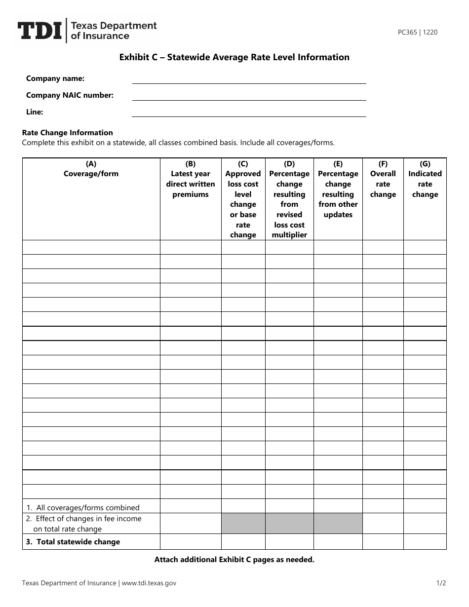 Form Pc365 Exhibit C Download Fillable Pdf Or Fill Online Statewide Average Rate Level 9261