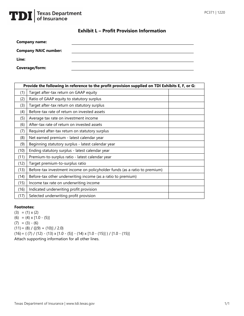 Provision Form Form PC371 Exhibit L Download Fillable PDF or Fill Online Profit ...