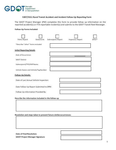 5307 / 5311 Rural Transit Accident and Incident Follow-Up Reporting Form - Georgia (United States) Download Pdf