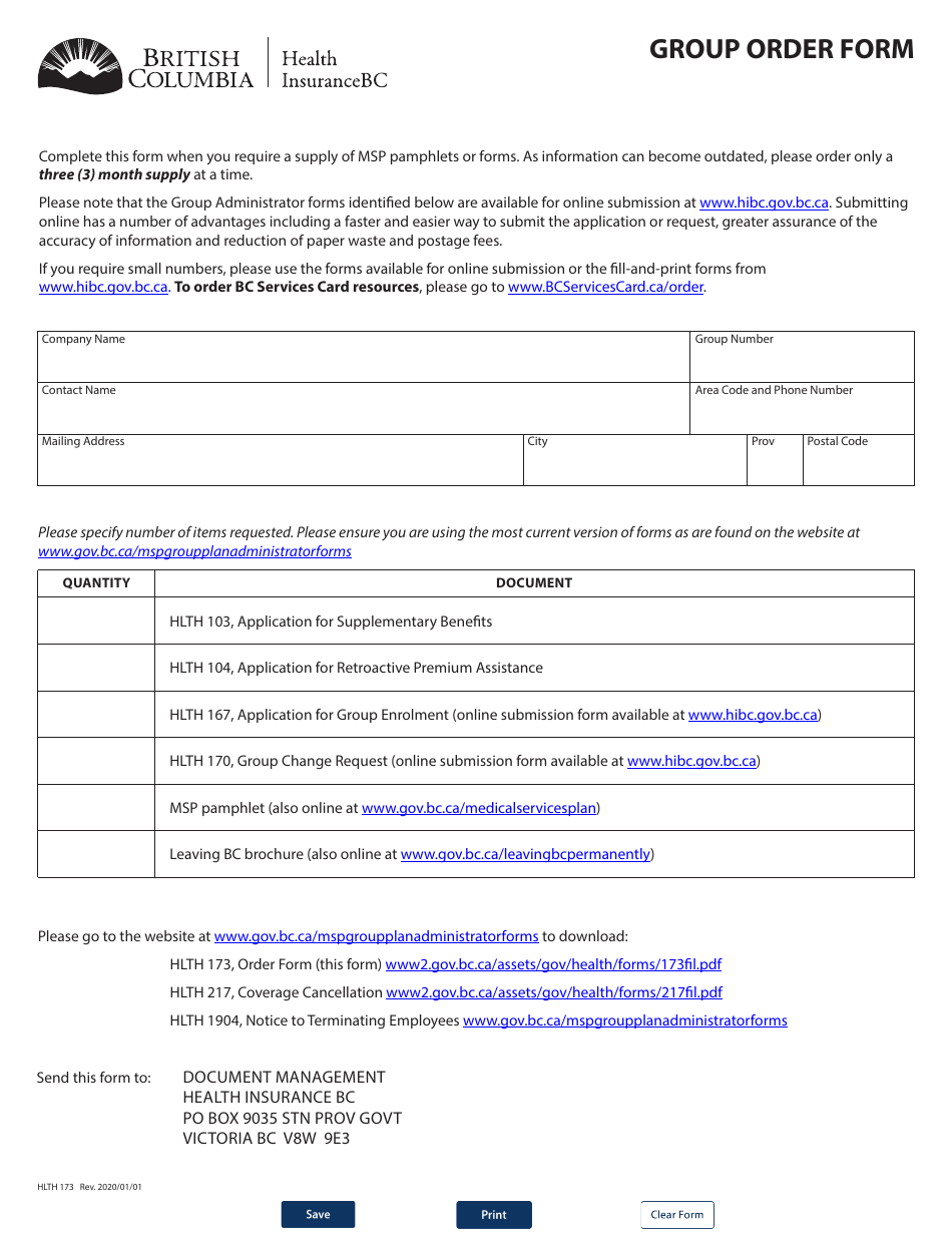 Form HLTH173 Group Order Form - British Columbia, Canada, Page 1