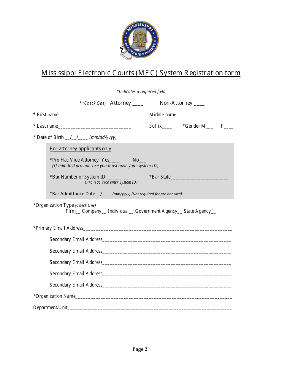 Mississippi Electronic Courts (Mec) System Registration Form - Mississippi, Page 2