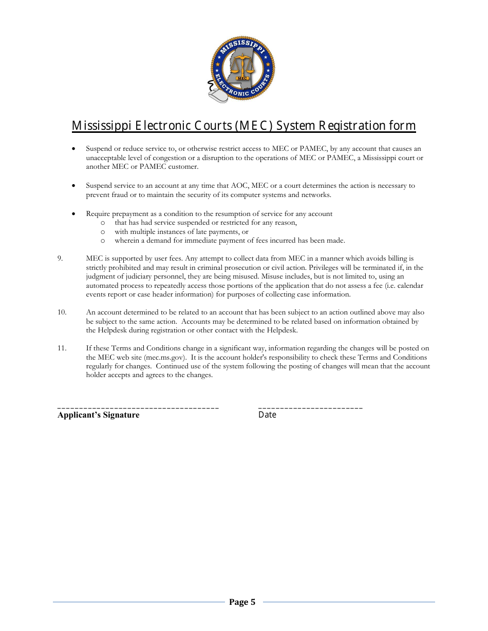 Mississippi Electronic Courts (Mec) System Registration Form - Mississippi, Page 5