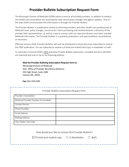Provider Bulletin Subscription Request Form - Mississippi