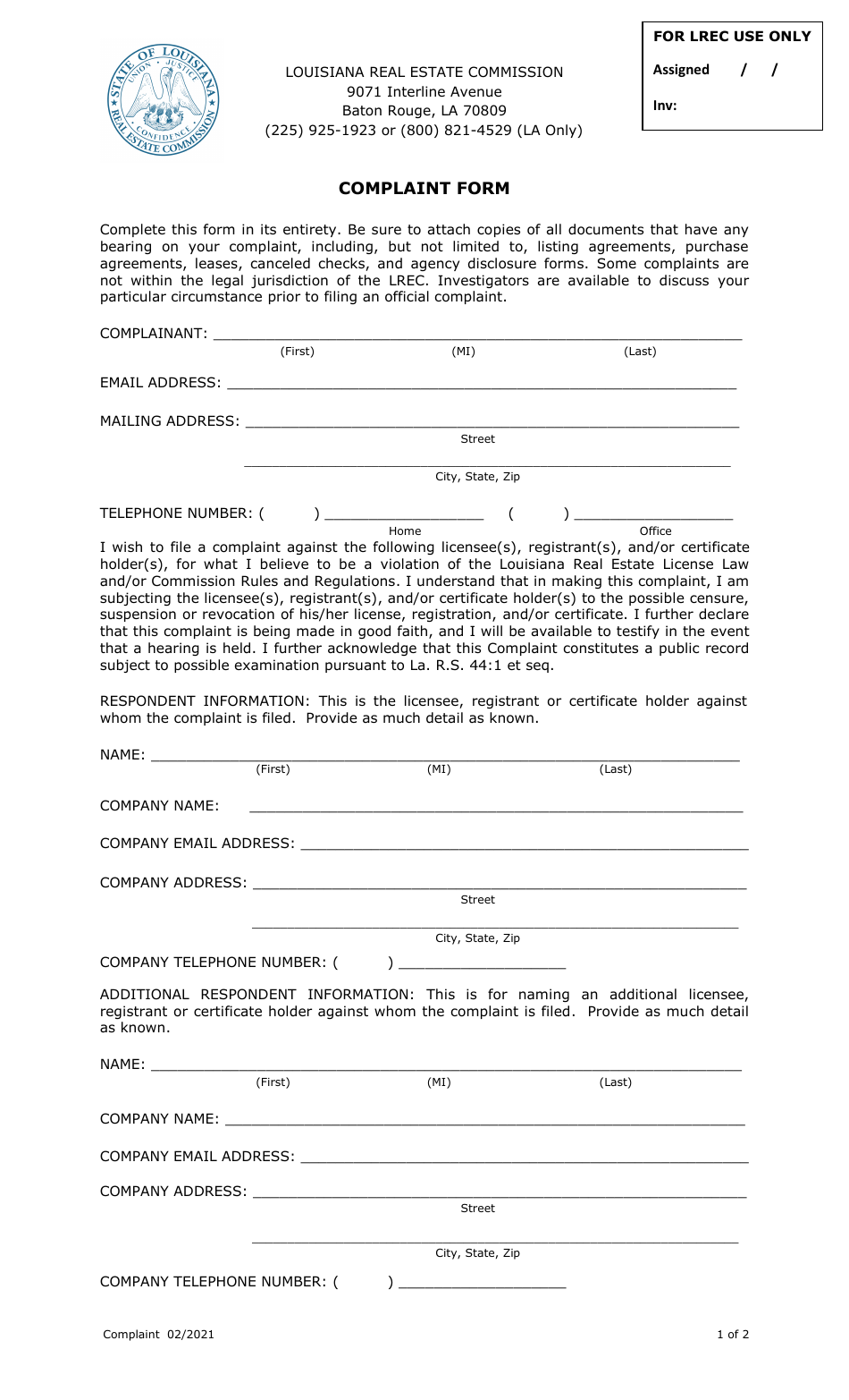 Complaint Form - Louisiana, Page 1
