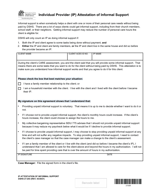 DSHS Form 27-203 Individual Provider (Ip) Attestation of Informal Support - Washington