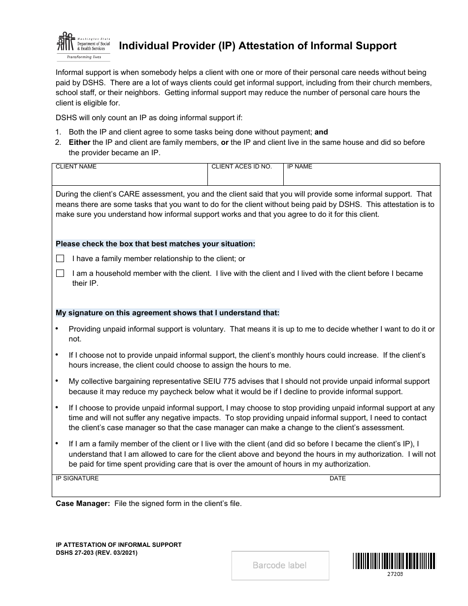 DSHS Form 27-203 Individual Provider (Ip) Attestation of Informal Support - Washington, Page 1