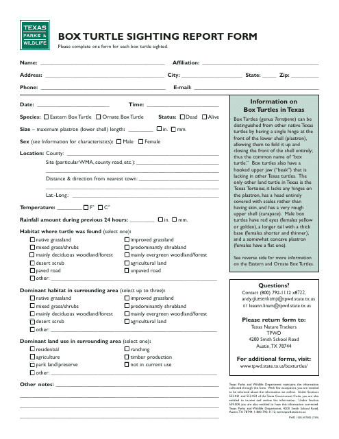 Form PWD1005 Box Turtle Sighting Report Form - Texas