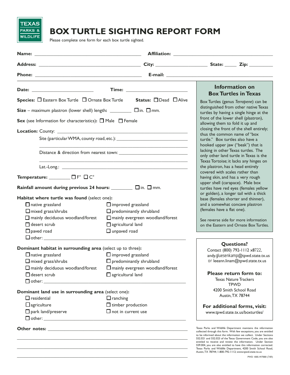 Form PWD1005 Box Turtle Sighting Report Form - Texas, Page 1