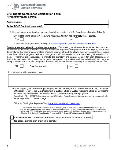 Civil Rights Compliance Certification Form - New York Download Pdf