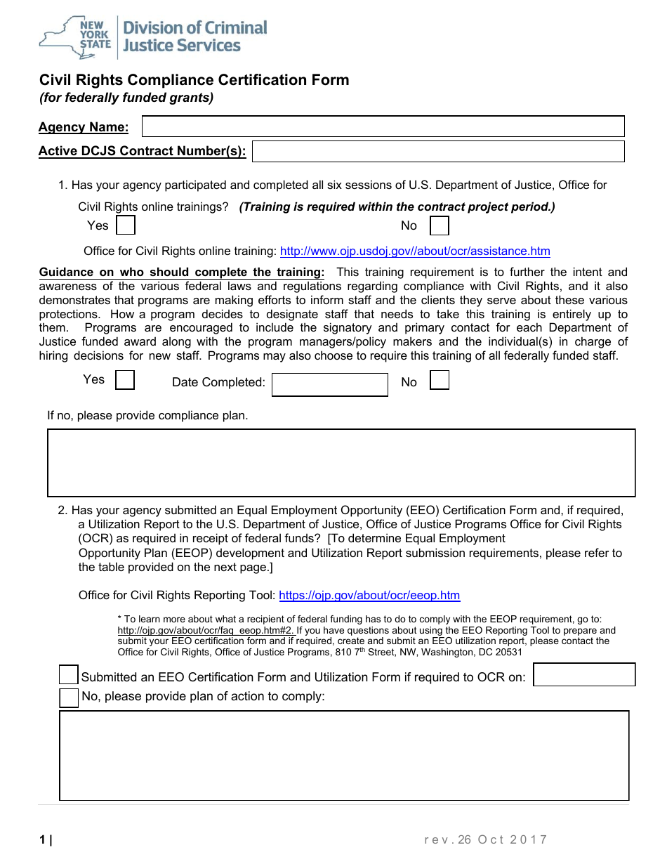Civil Rights Compliance Certification Form - New York, Page 1
