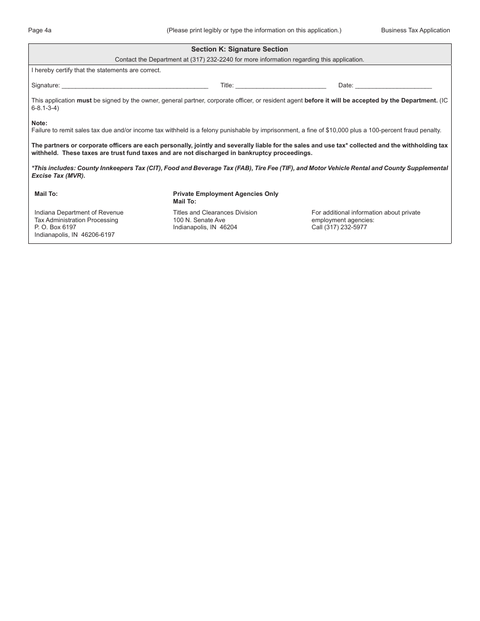 Form BT-1 (State Form 43760) Business Tax Application - Indiana, Page 5