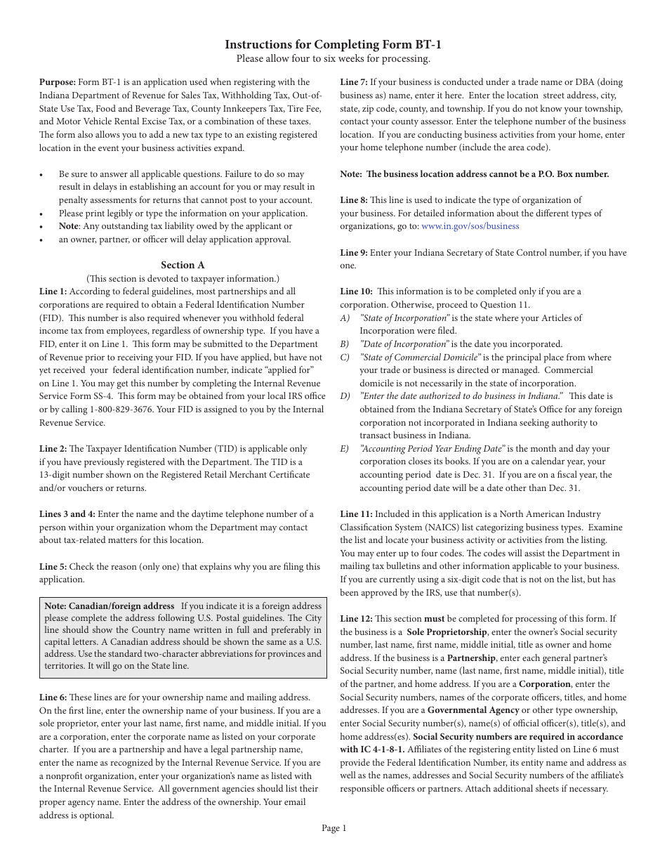 Form BT-1 (State Form 43760) Business Tax Application - Indiana, Page 6