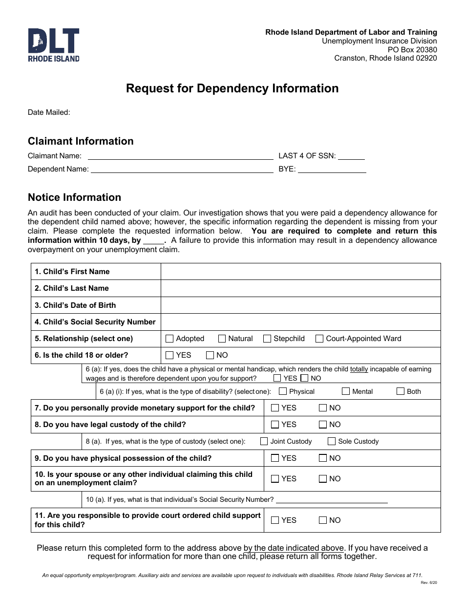 Request for Dependency Information - Rhode Island, Page 1