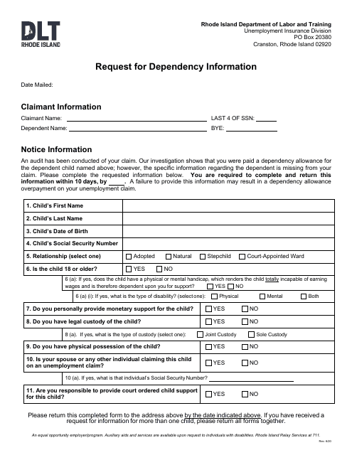 Request for Dependency Information - Rhode Island