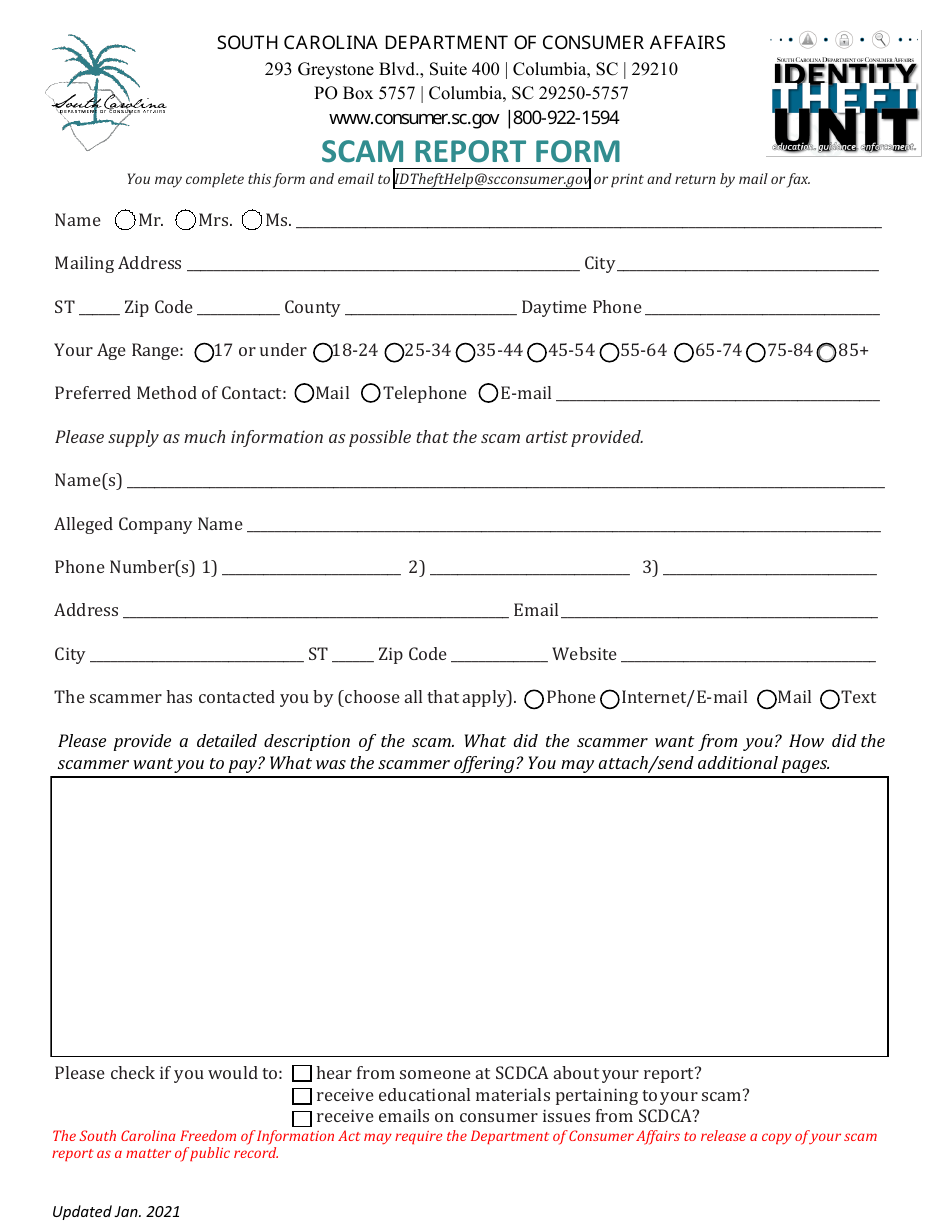 Scam Report Form - South Carolina, Page 1
