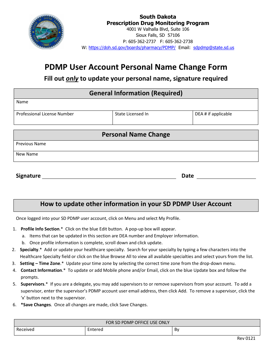 Pdmp User Account Personal Name Change Form - South Dakota, Page 1