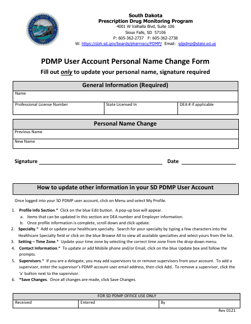 Pdmp User Account Personal Name Change Form - South Dakota Download Pdf