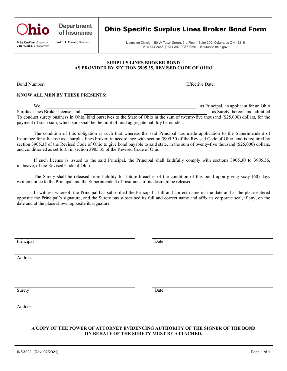 Form INS3222 Ohio Specific Surplus Lines Broker Bond Form - Ohio, Page 1