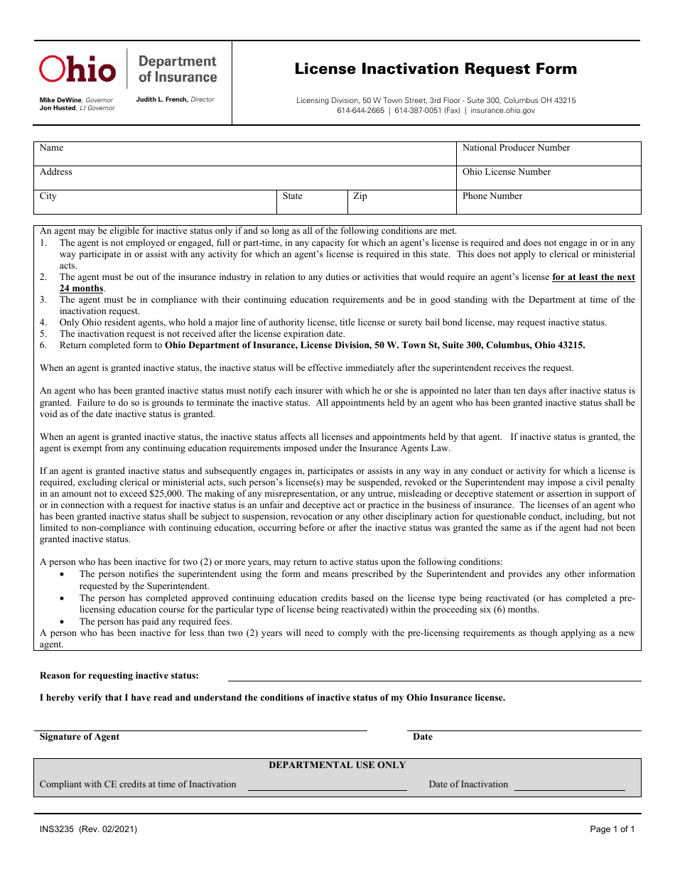 Form INS3235 License Inactivation Request Form - Ohio, Page 1