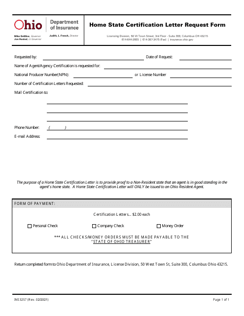 Form INS3257 Home State Certification Letter Request Form - Ohio